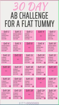 the 30 day ab challenge for a flat tummy is shown in pink and green