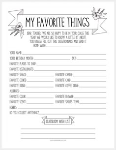 the printable my favorite things list is shown in black and white on a blue background