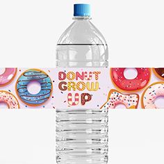 a bottle of water with donuts on it