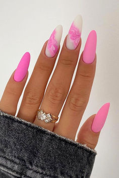 Pink and White Nails Pink On White Nails, Pale Pink And White Nails, Coffin Shaped Pink Nails, Summer Flower Nail Ideas, Girly Almond Nail Designs, Pink And White Designs Nails, White Pink Nails Design, Pink Cute Nail Designs, Nail Trend Summer 2024