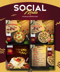 the social media postcard for pizza restaurant is displayed on a red and yellow background