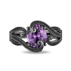 A gripping style, this purple amethyst and black diamond ring from the Enchanted Disney Fine Jewelry Villains Collection inspired by Ursula captures your mysterious side. Crafted in sterling silver with black rhodium plate This enticing look showcases a 10.0 x 8.0mm oval-shaped bright purple amethyst enveloped in sculpted tentacles lined with alluring black diamonds. Crowns inset gleam lower down the split multi-row shank. This design captivates with 1/4 ct. t.w. of diamonds. ©Disney Disney Ursula, Black Diamond Pendant, Enchanted Disney, Purple Wedding Cakes, Enchanted Disney Fine Jewelry, Black Diamond Ring, Silver Prices, Diamond Solitaire Engagement Ring, Disney Villains