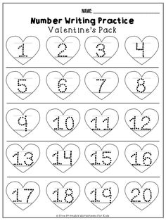 valentine's day worksheet with numbers and hearts for the number writing practice