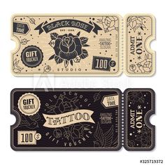 two black and white tickets for tattoo parlors, with ribbons on them royalty illustration