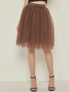 Simple Style Knee-Length Solid Color Tulle Skirts Shopvhs.com Stretch Nylon Lined Skirt, Brown Party Bottoms With Flowy Fit, Stretch Brown Skirt For Party, Brown Stretch Skirt For Party, Brown Stretch Party Skirt, Brown Stretch Skirt, Party Bottoms With Knee-length Tulle Skirt, Party Knee-length Tulle Bottoms, Stretch Knee-length Tulle Skirt