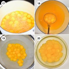 four pictures showing how to make orange juice