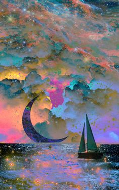 an abstract painting with a crescent in the sky and stars above it, as well as clouds