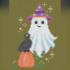 a cross stitch pattern with a ghost and a black bird on top of a pumpkin