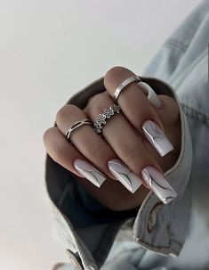 Paznokcie Hello Kitty, White Coffin Nails, Silver Nails, Pretty Acrylic Nails, Chic Nails, Chrome Nails, Best Acrylic Nails