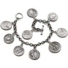 a silver bracelet with lots of different coins on it's link and clasps