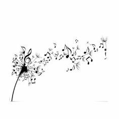 a dandelion with musical notes flying from it's top to the bottom