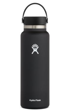 the hydro flask water bottle is black and has a stainless steel lid