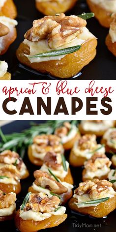 appetizers and blue cheese canapes on a black plate with rosemary garnish