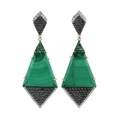 Handcrafted from 18-karat gold, these beautiful earrings are set with 18.35 carats malachite, .21 carats tsavorite and 1.57 carats of glimmering diamonds. FOLLOW MEGHNA JEWELS storefront to view the latest collection & exclusive pieces. Meghna Jewels is proudly rated as a Top Seller on 1stDibs with 5 star customer reviews. All items manufactured by us are handmade and can be customized or redesigned. Composition Size-52X20 MM Total Weight-13.17 Gold Weight(Gms)-9.146 Diamond Wt(Cts)-1.57 Malachi Luxury Malachite Earrings For Gift, Luxury Green Diamond Earrings, Luxury Green Emerald Diamond Earrings, Luxury Green Diamond Earrings Gift, Luxury Green Diamond Earrings For Gift, Green Diamond Earrings For Evening, Luxury Tsavorite Jewelry With Gemstone Accents, Luxury Emerald Diamond Earrings, Fine Jewelry Green Diamond Earrings