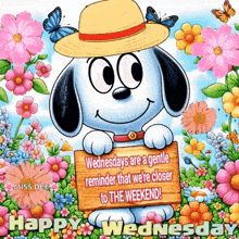 a cartoon dog holding a sign that says happy wednesday with flowers and butterflies in the background