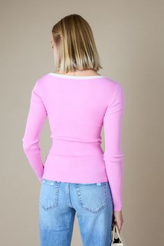 Details Pink ribbed knit top White contrast trim Square neckline with bow detail Fitted silhouette Long sleeves Materials and Care 70% Viscose, 30% Polyester Hand wash Dry flat Pink Long Sleeve Top, Heirloom Roses, Pink Ribbed, Denim Outerwear, Ribbed Knit Top, Autumn Cozy, Fitted Silhouette, Contrast Trim, Bow Detail