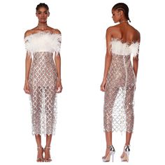 Nwt Bronx And Banco Coco X Afiya Sequin Feather Strapless Midi Dress White Size Large New With Tags Elevate Your Style With The Coco X Afiya Midi Dress, Blending Sophistication With Whimsy. This Strapless Piece Features A Luxurious Feather Bodice And A Dazzling Rhinestone Mesh Overlay, Complete With A Unique Zig-Zag Hem And Zipper Closure For A Touch Of Glamour. White Off-shoulder Midi Evening Dress, White Off-shoulder Midi Dress For Evening, Luxury White Dress For Night Out, Luxury White Midi Dress For Gala, Glamorous White Midi Dress For Gala, Glamorous White Dinner Dress, Glamorous White Summer Evening Dress, Summer Evening Midi Dress With Feather Trim, Glamorous White Midi Dress For Evening