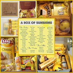 a box of sunshine is packed with snacks and other items for the family to enjoy