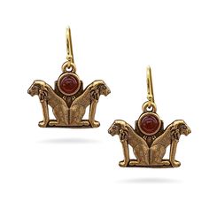 Double Lion Earrings with Carnelian - Antique Gold Finish - Ancient Egyptian Inspired Ancient Egyptian Inspired Jewelry, Luxury Ancient Collectible Jewelry, Ancient Egyptian Jewelry Museums, Medieval Jewelry Egyptian, Egyptian Earrings Ancient, Lion Earrings