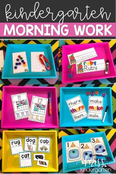 the morning work tray is filled with pictures and words to help students practice their language skills