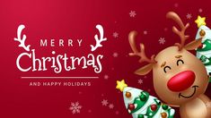 merry christmas and happy holidays greeting card with cartoon reindeer on red background, 3d illustration