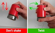 two pictures showing how to open a red can with the words twist and don't shake