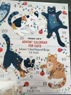 an advertisement for trader joe's calendar with cats and kittens on the front