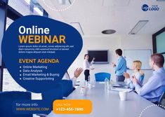 a group of people sitting around a table in front of a screen with the words online webinar on it