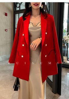 SIZING CHART (cm) SIZE SHOULDER WIDTH CHEST CIRCUMFERENCE CLOTH LENGTH SLEEVE LENGTH S 39 94 77 58 M 40 98 78.5 59 L 41 102 80 60 Oversized Blazer With Dress, Red Blazer Outfit For Work, Red Blazer Outfit, Red Blazer Dress, Blazer With Dress, Kay Kay, Outfit Office, Maternity Clothes Fashionable, Satin Suit