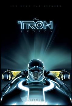 a movie poster for the film tron, featuring a man in a futuristic car