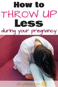 a woman in white shirt laying on pink couch with text overlay how to throw up less during your pregnancy