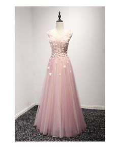 Shop cheap blush a-line v-neck floor-length tulle prom dress with flowers online. Custom-made any plus size or color. Pro since 2009. Prom Dress With Flowers, Dress With Flowers, Tulle Prom Dress, Flowers Online, Evening Dresses Prom, Fancy Dresses, Flower Dresses, Wedding Stuff, Prom Dress