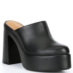 Gianni Bini From Gb So Chic Leather Platform Clog Mules, Size 9.5 In Black. New Without Tags, Never Worn - Scuffs From Transport/Distribution Measurements (All Are Approx) : 1.75" Platform, 4.7" Heel 0915bshel2.1.8 - Genuine Leather - Slip On - Rubber Outsole - Block Heel Black Chunky Platform Slip-on Heels, Black Slip-on Mules With Chunky Platform, Black Chunky Platform Slip-on Mules, Black Closed Toe Mules With Chunky Platform, Casual Square Toe Platform Mules, Black Chunky Platform Clogs With Round Toe, Black Clogs With Padded Heel For Spring, Black Synthetic Clogs With Padded Heel, Black Spring Clogs With Padded Heel