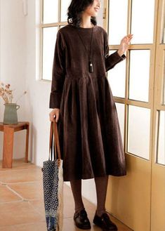 Koline | Trendy and Elegant winter Dress – Alice Murphy Corduroy Dresses, Japanese Korean Fashion, Robes Glamour, Spring Maxi Dress, Elegant Midi Dresses, Japanese Dress, Fall Denim, Corduroy Dress, Crewneck Dress