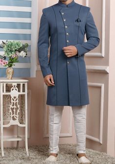 This image is just for the reference purposeStyle Ethnic Menswear Top Details Color - blue, Fabric - Banarasi Silk Bottom Details Color - white, Fabric - cotton, Style - Churidar Package Include : Top , Bottom And Other Accessories Are Not Sold Along With The Dress. Additional Information 2 As This Sherwani/Waistcoat/Kurta Are Made As Per Orders So It Is Strictly Not Acceptable Once Get Delivered .So Kindly Choose Body Fit Size . Also We Keep 2 Inches Extra Margin In The Dress. Make A Classy Imp Party Wear Dress For Man, Achkan For Men, Indowestern Outfits, Western Party Wear, Jodhpuri Suits For Men, Western Party