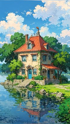 a painting of a house by the water