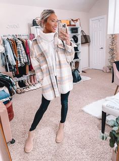 Fall Winter Boot Outfits, Shacket Boots Outfit, Shacket And Boots Outfit, Fall Fashion With Boots, Teacher Shacket Outfit, Fall Christmas Outfits, Taupe Boots Outfit Fall, Fall Outfit Ideas For Women Casual, Shaw Outfit Fall