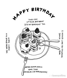 a black and white drawing of a happy birthday card with cake on a plate, fork and spoon