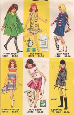 an advertisement for girls'clothing from the 1950's, including dresses and skirts