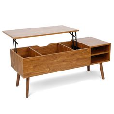 a wooden table with two open drawers on it's sides and one drawer in the middle