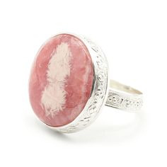 "* Handmade jewel. It can be worn all year round. It is stamped with a brand logo and a 925 silver mark * The upper part has size of 0.91x0.94x0.24 in (23x24x6 mm). Natural stone handmade jewel in pink with cream color round shaped. Its style is boho chic. * It has ajustable size.  The moulded size that can be enlarged or reduced is:  -Inner diameter: 18,2 mm (0.72\") -Size Spain: 17,5-Europe size: 57,5 -USA and Canada size: 8 -UK and Australia size: P 1/2 * The natural stone cabochon has a smoo Kyanite Ring, Pink Rhodochrosite, Handmade Jewel, Bagan, Cabochons Stones, Gifts For My Wife, Gifts For My Sister, Ring Gemstone, Original Gift