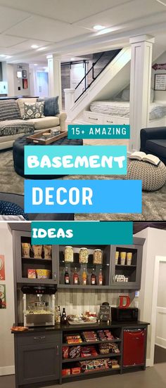 two pictures with the words basement decor ideas above them and below it is an image of a living room