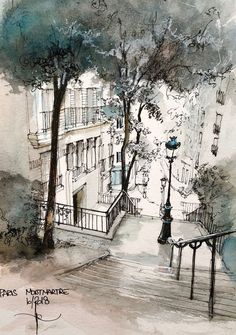 watercolor painting of a street scene with trees and benches in the foreground, next to an apartment building