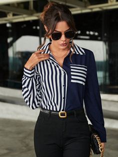 Women's Striped Long Sleeve Loose Casual Shirt With Pockets For Spring/Summer Navy Blue Casual  Long Sleeve Woven Fabric Colorblock,Striped Shirt Non-Stretch  Women Clothing, size features are:Bust: ,Length: ,Sleeve Length: Women Blouses, Casual Shirt, Primavera Estate, Striped Long Sleeve, Striped Shirt, Maternity Bag, All Fashion, Women Clothing, Women Clothes Sale