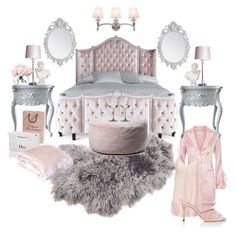 a bedroom with pink furniture and accessories including a bed, dressing table, mirror, lamp, rugs