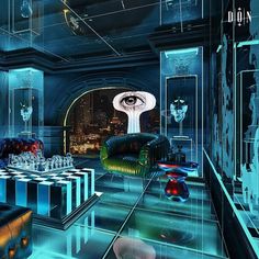 an artistic rendering of a futuristic living room with chess tables and couches in the foreground