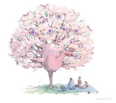 a pink bird sitting on the ground next to a tree with lots of purple flowers