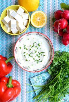 the ingredients to make this dip include tomatoes, lemons, radishes and cucumbers