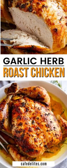 garlic herb roast chicken in a white bowl on a plate with the title above it