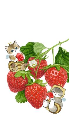 a painting of strawberries and cats on a branch